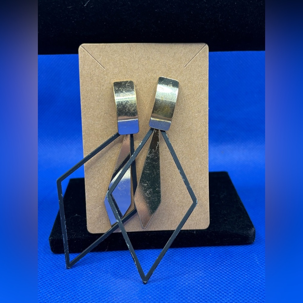 Geometric Black Gold Tone Dangle Earrings Statement Modern Design